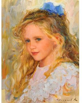 Mashenka Portrait of a Young Girl with a Blue Bow in her Hair by 
																			Konstantin Razumov