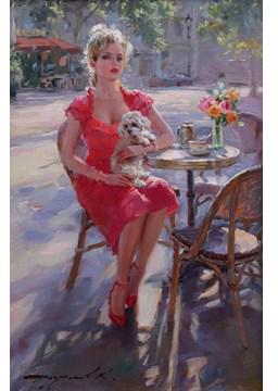 Afternoon Tea In Paris a Beautiful Young Lady with a Dog on her Knee by 
																			Konstantin Razumov