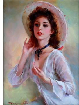 Doroth In White Portrait of a Young Lady in a White Dress and White Hat by 
																			Konstantin Razumov