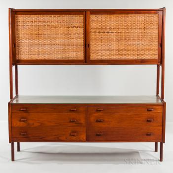 Teak, Rattan, and Beech Sideboard Hutch by 
																			 Ry Mobler