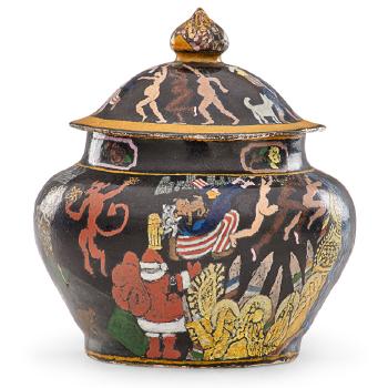 Covered jar with football players, Uncle Sam, and Santa Claus by 
																			Michael Frimkess