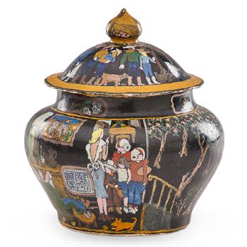 Covered jar with football players, Uncle Sam, and Santa Claus by 
																			Michael Frimkess