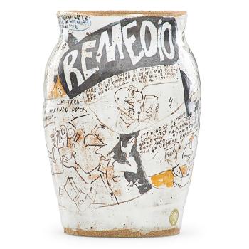 Vase with Remedio cartoons by 
																			Michael Frimkess