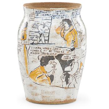 Vase with Remedio cartoons by 
																			Michael Frimkess