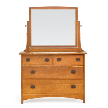 Four-drawer dresser with mirror and Gustav Stickley hardware by 
																			 L & JG Stickley