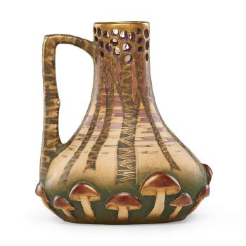 Small reticulated Amphora ewer with birch trees  and mushrooms by 
																			Paul Dachsel