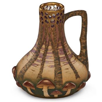 Small reticulated Amphora ewer with birch trees  and mushrooms by 
																			Paul Dachsel