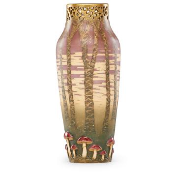 Tall reticulated Amphora vase with birch trees and  mushrooms by 
																			Paul Dachsel