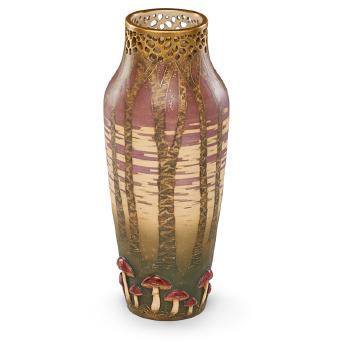 Tall reticulated Amphora vase with birch trees and  mushrooms by 
																			Paul Dachsel