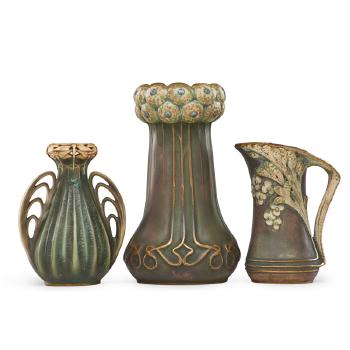 Small floral Amphora ewer, vase with stylized dandelions, and vase with dragonflies by 
																			Paul Dachsel