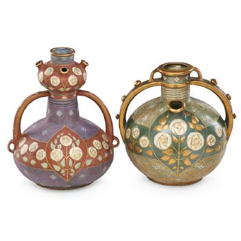 Two geometric Amphora vases with stylized roses by 
																			Paul Dachsel