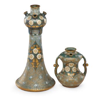 Two geometric Amphora vases with stylized roses by 
																			Paul Dachsel