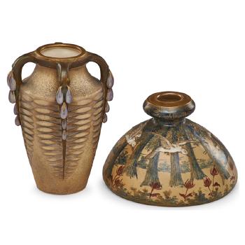 Two Amphora vases with raindrops and birds by 
																			Paul Dachsel