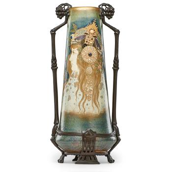 Exceptional tall metal-mounted Amphora Portrait vase Allegory of Austria-Hungary by 
																			 Riessner, Stellmacher & Kessel