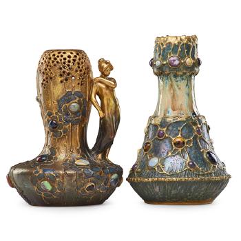 Two Amphora Grès-Bijou vases, one Daughter of the Rhine by 
																			 Riessner, Stellmacher & Kessel