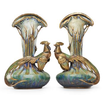 Two Amphora pheasant vases by 
																			Eduard Stellmacher