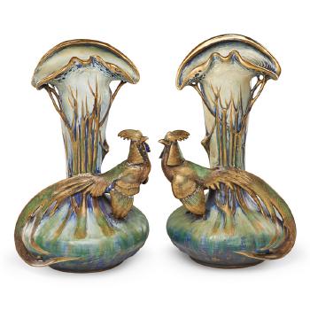 Two Amphora pheasant vases by 
																			Eduard Stellmacher