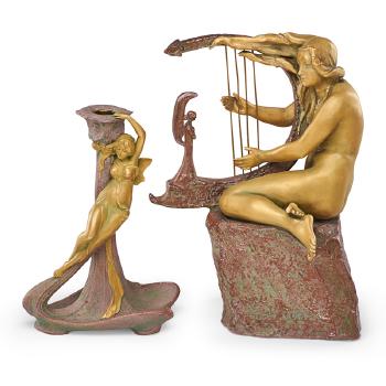 Amphora sculpture modeled by Gornik, Lorelei with Harp, and candlestick with fairy by 
																			Ernst Wahliss