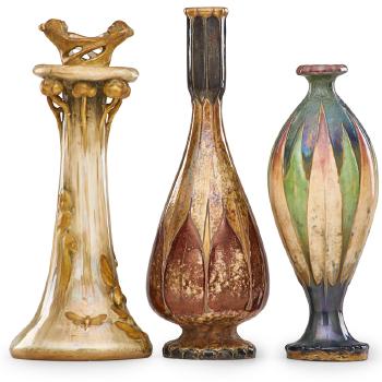 Amphora Magic of Fire Light candleholder from the Fates series by Stellmacher and two Amphora stylized floral vases by 
																			Eduard Stellmacher