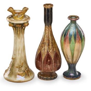 Amphora Magic of Fire Light candleholder from the Fates series by Stellmacher and two Amphora stylized floral vases by 
																			Eduard Stellmacher