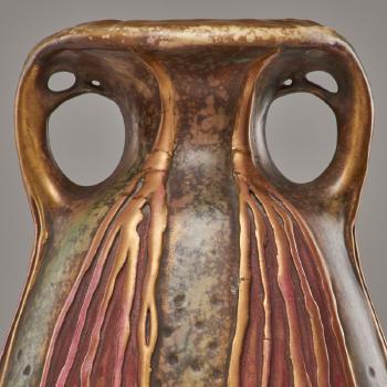 Amphora two-handled vase and small ewer with  stylized leaf design by 
																			 Riessner, Stellmacher & Kessel