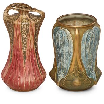 Two Amphora vases with stylized leaf designs by 
																			 Riessner, Stellmacher & Kessel