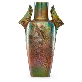 Tall two-handled vase with pine boughs by 
																			Clement Massier