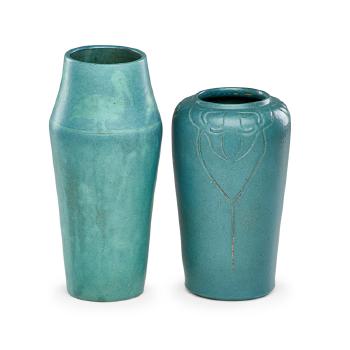 Two vases, one with pelicans the other with stylized leaves by 
																			 Zark Pottery