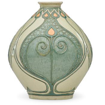 Della Robbia vase with stylized feathers by 
																			 Roseville Pottery Company