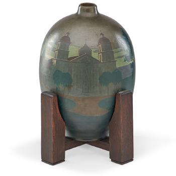 Rare large Santa Barbara Mission vase on original wood stand by 
																			 Owens Pottery