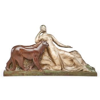 Art Deco sculpture of a woman and two panthers by 
																			Raoul Lamourdeieu