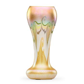 Tall green and gold pulled-feather vase by 
																			 Quezal Glass