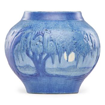 Bulbous scenic vase with live oaks, Spanish moss, and full moon by 
																			Anna Frances Connor Simpson