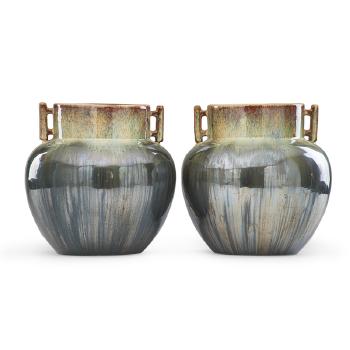 Pair of two-handled vases by 
																			 Fulper Pottery