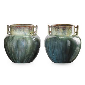 Pair of two-handled vases by 
																			 Fulper Pottery