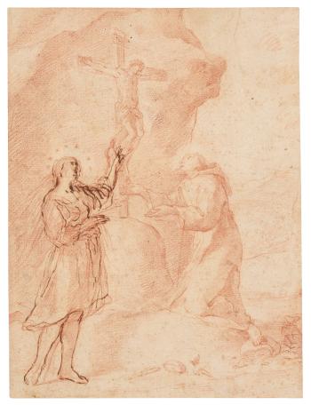Saint Francis Marrying Poverty While Adoring the Crucifix by 
																	Andrea Sacchi