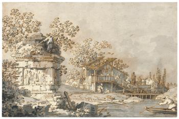 A Capriccio With an Ancient Tomb Monument to Tthe Left and a Watermill to the Right by 
																	 Canaletto