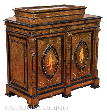 American Renaissance Marquetry, Gilt Incised and Parcel Ebonized Burled Walnut Parlor Cabinet by 
																			 Pottier & Stymus