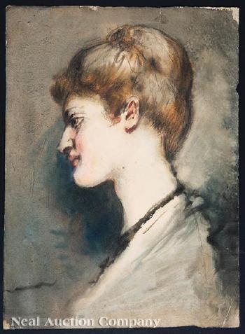 At Gigi's Academy, Rome; Woman With a Black Lace Collar, Purple Boutonniere and In Profile by 
																			Charles Franklin Tuttle