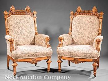 American Aesthetic Carved and Gilt-Incised Walnut and Satinwood Parlor Suite by 
																			 Allen & Brother