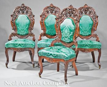 Four American Rococo Carved and Laminated Rosewood Side Chairs by 
																			 J. & J.W. Meeks