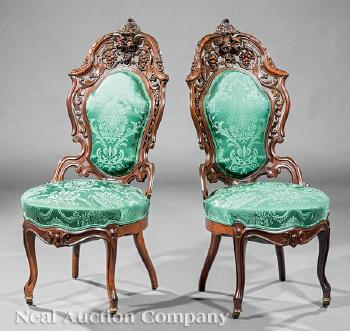 Pair of American Rococo Carved and Laminated Rosewood Side Chairs by 
																	 J. & J.W. Meeks