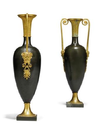 A Pair of Empire Ormolu and Patinated Bronze Ornamental Vases by 
																	Claude Galle