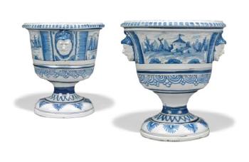 A Large Pair of German Fayence Blue and White Jardinieres by 
																	 Fayence-Manufaktur Kandern GmbH