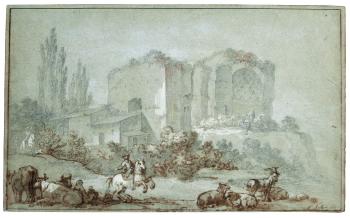 A Galloping Horseman And Other Animals In Front Of The Temple Of Venus And Roma by 
																	Charles-Joseph Natoire