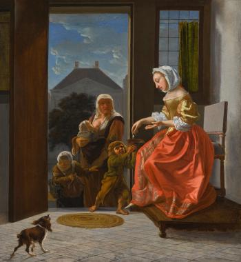 An Interior With a Young Lady Giving Alms to Beggars at the Door by 
																	Jacob Ochtervelt