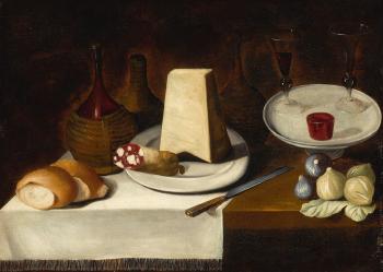 Still Life of Bread, Cheese, Salami and Figs Along With Wine Jugs and Glasses, Some Items Set on White Ceramic Dishes and All Upon a Table Lined With a White Cloth by 
																	Giovanni Quinsa