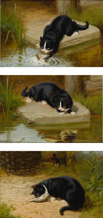 Feline Triptych: Deliberation, Determination, Satisfaction by 
																	William Henry Hamilton Trood