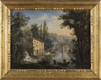 Paysage avec pont et maison en bord de rivière by 
																			Isidore Dagnan