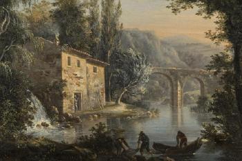 Paysage avec pont et maison en bord de rivière by 
																			Isidore Dagnan